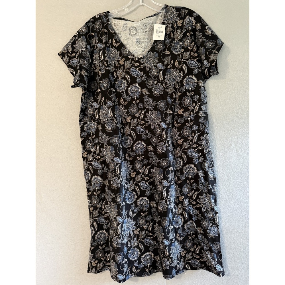 J. Jill Dress Womens M Black Floral V Neck T Shirt Knee Length Cotton Pockets
